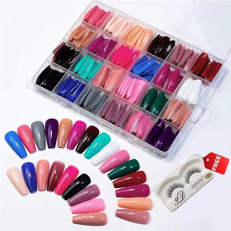 576 Pcs – Artificial Full Cover Nail Long Coffin Press on Fake Nails for Girls