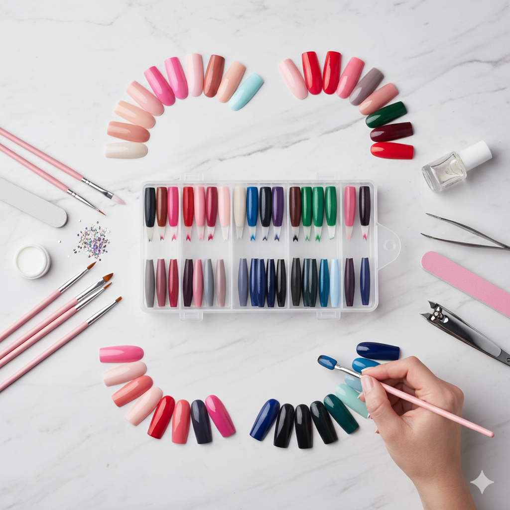 576 Pcs – Artificial Full Cover Nail Long Coffin Press on Fake Nails for Girls