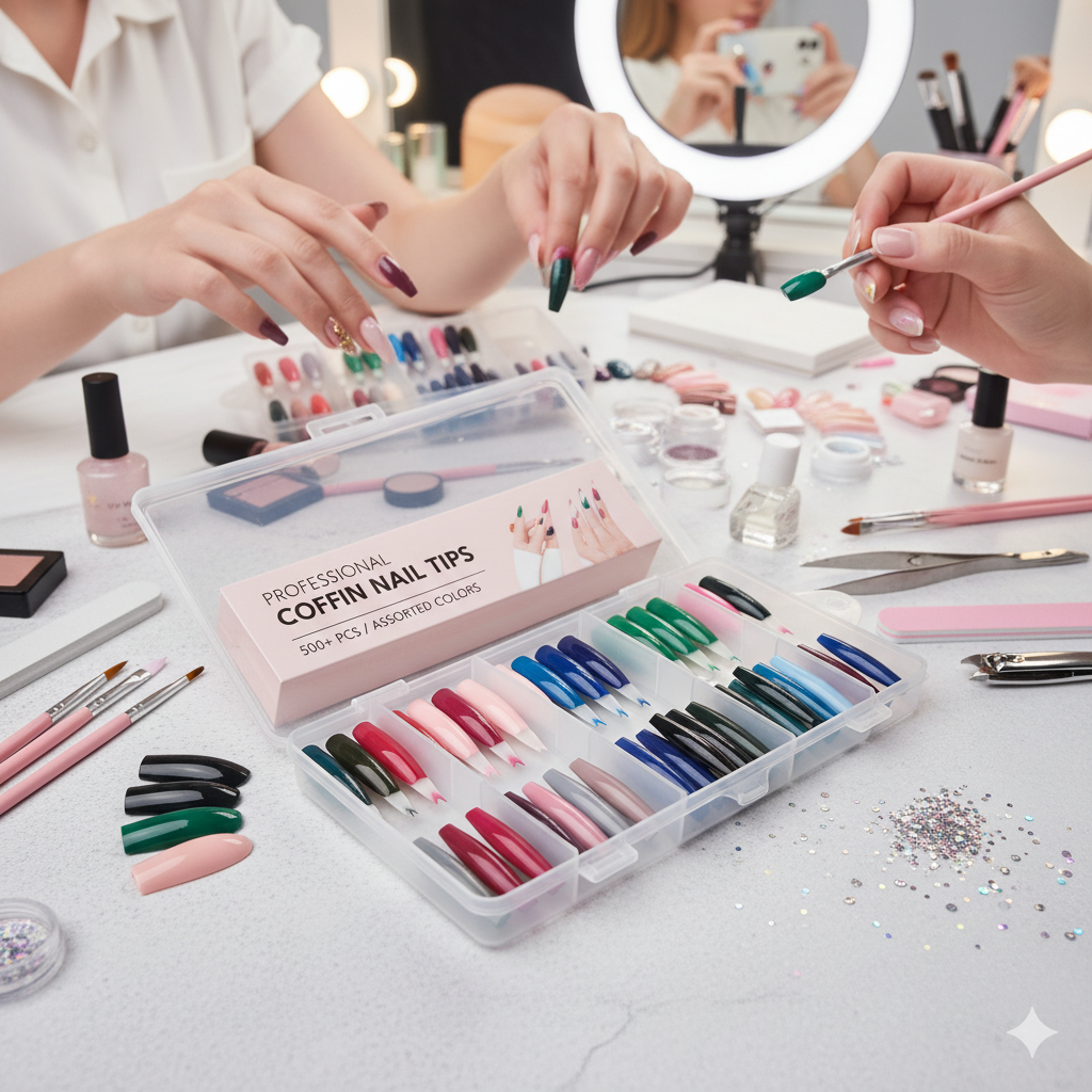 576 Pcs – Artificial Full Cover Nail Long Coffin Press on Fake Nails for Girls