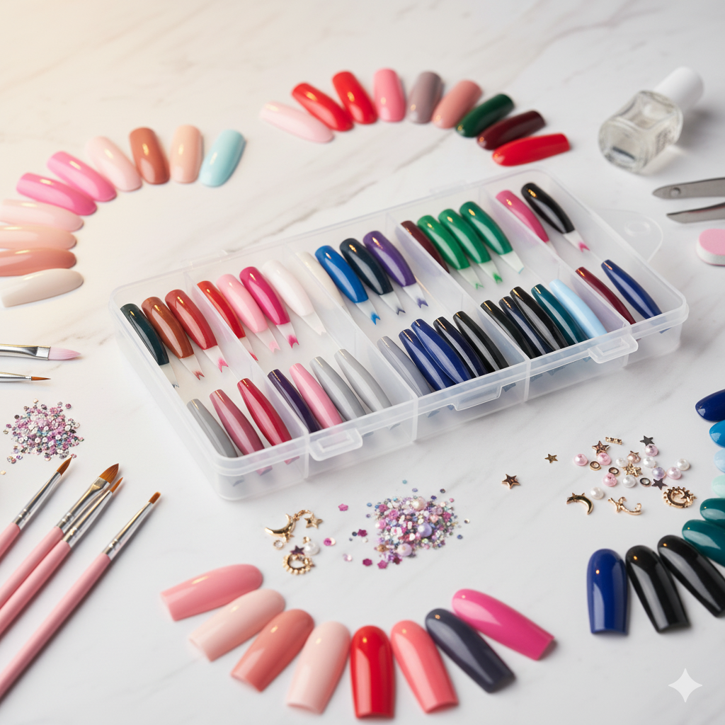 576 Pcs – Artificial Full Cover Nail Long Coffin Press on Fake Nails for Girls